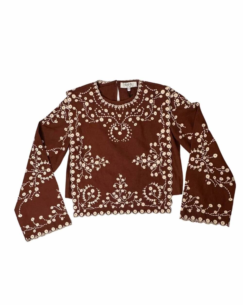 NEW SEA women's frances long sleeve embroidered top in brown